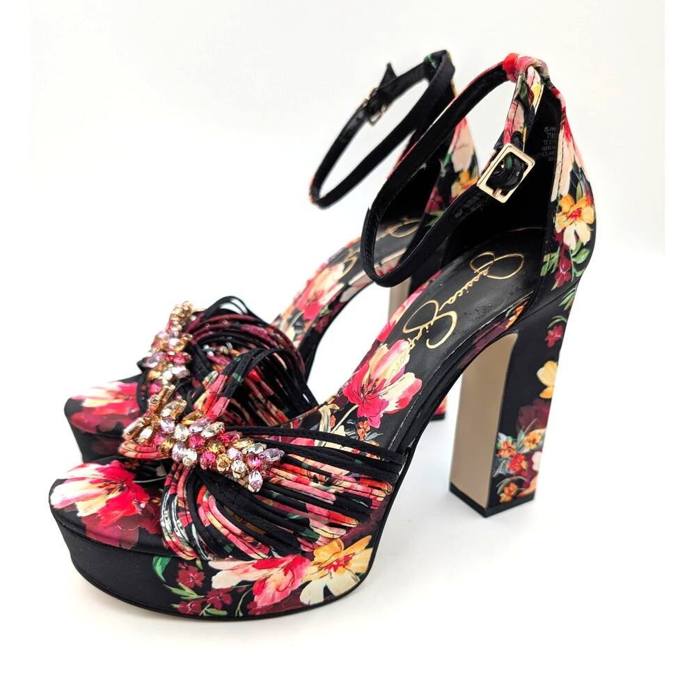 Jessica Simpson Anissia Ankle Strap Pump Women's Black Floral Size US7M EU37.5